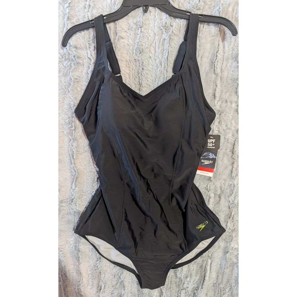 Speedo Solid Sweetheart One Piece Swimsuit Size 14 Black NWT UPF 50 Sports